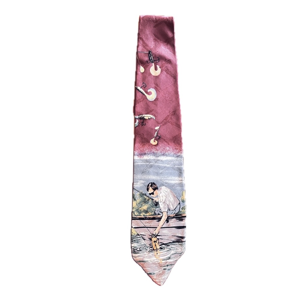 FIELD & STREAM Vintage Tie Fishing Angler Silk 58" Necktie Maroon/Blue Duck